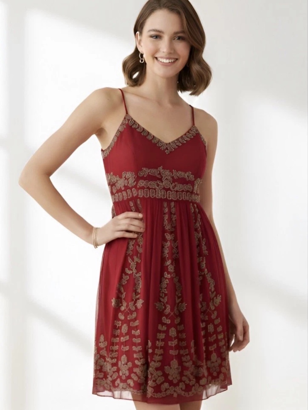 Adrianna Papell Red Mini Dress with Gold Embroidery